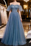 Glitter Fairytale Tulle Dusty Blue Formal Prom Dresses