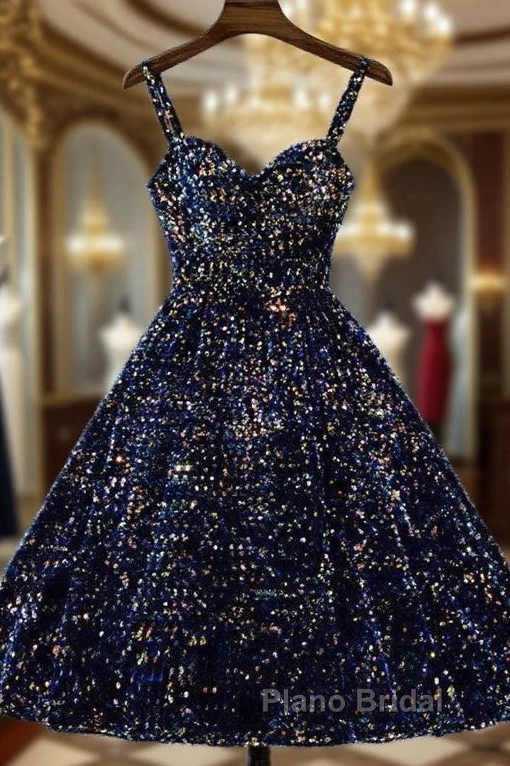 Glitter Navy Blue Sequin Short Formal Prom Dresses Main image
