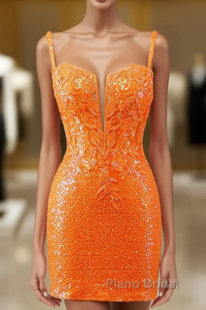 Glitter Orange Spaghetti Straps Orange Tight Sequined Homecoming Dresses Main image
