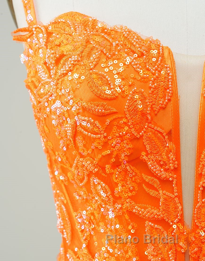 Glitter Orange Spaghetti Straps Orange Tight Sequined Homecoming Dresses