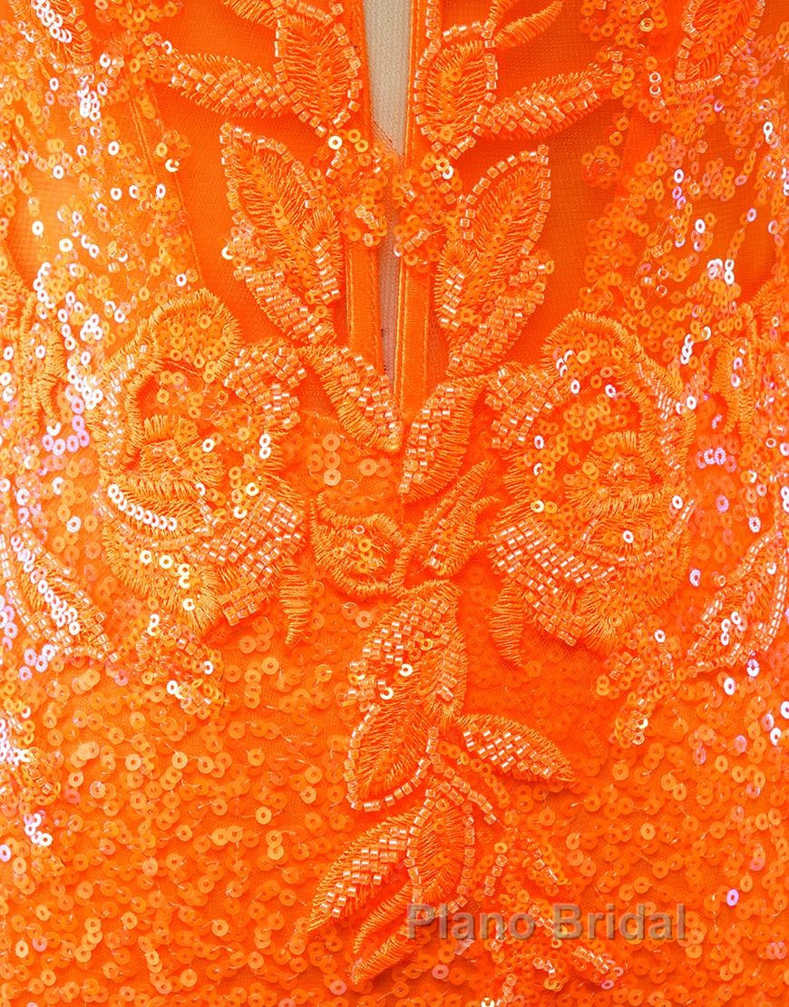 Glitter Orange Spaghetti Straps Orange Tight Sequined Homecoming Dresses