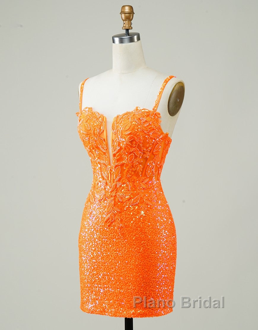 Glitter Orange Spaghetti Straps Orange Tight Sequined Homecoming Dresses Secondary image