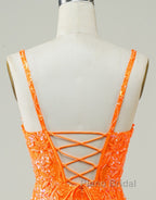 Glitter Orange Spaghetti Straps Orange Tight Sequined Homecoming Dresses