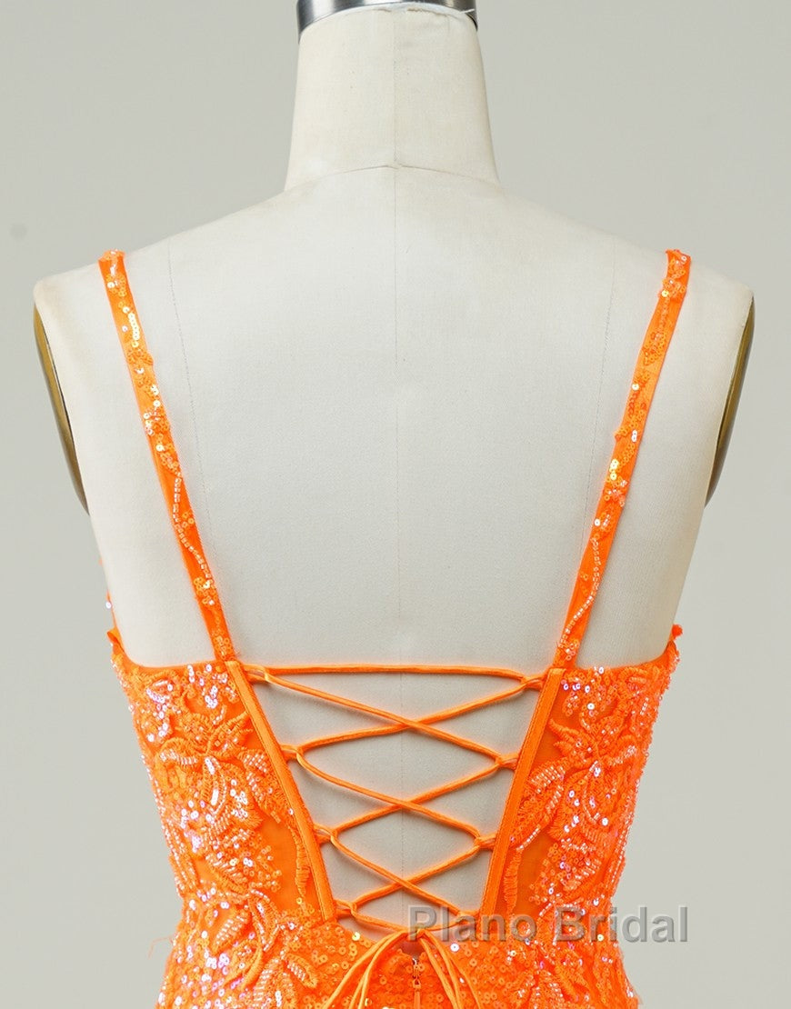 Glitter Orange Spaghetti Straps Orange Tight Sequined Homecoming Dresses