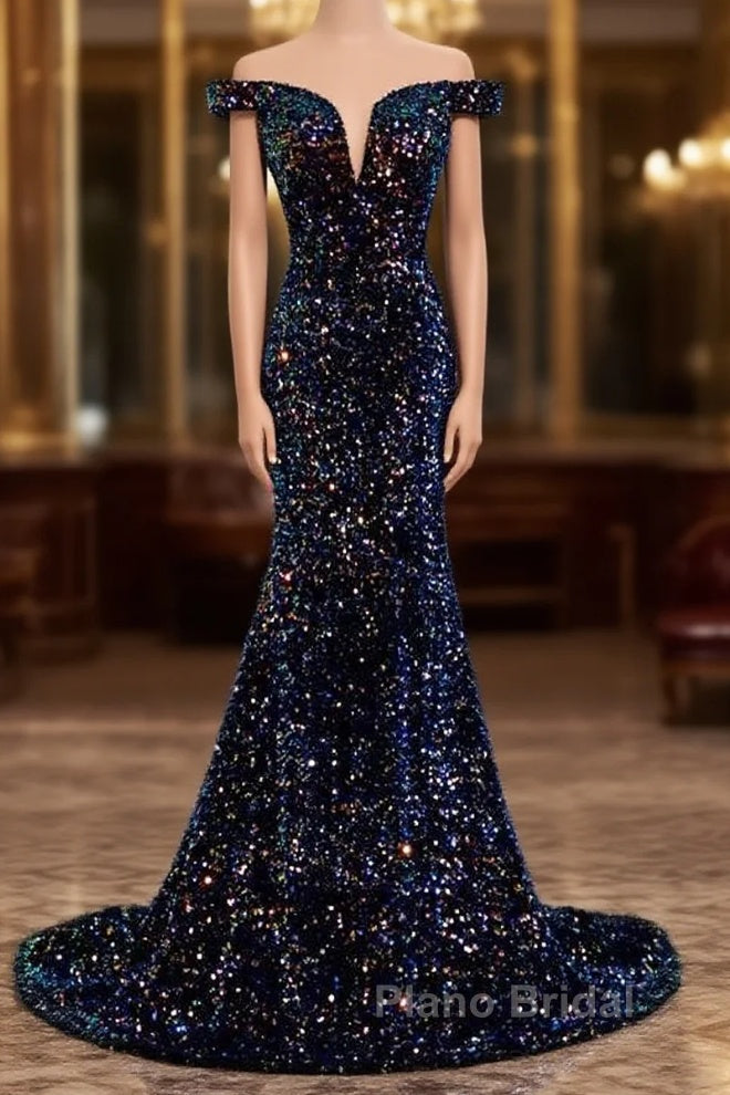 Glitter navy Sequins Off Shoulders Tight Fit Formal Prom Dresses