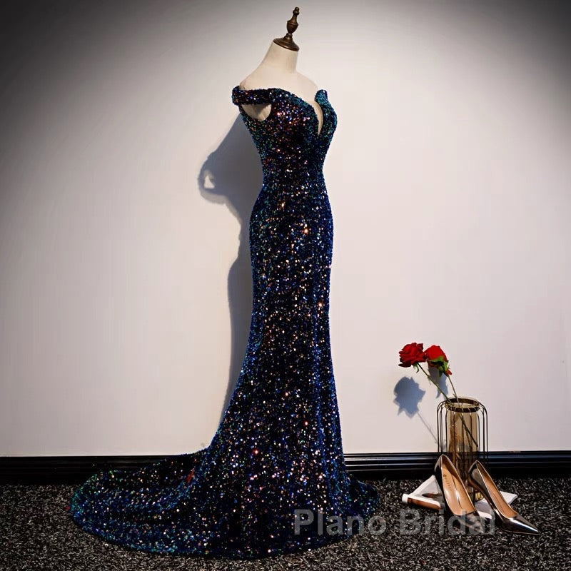 Glitter navy Sequins Off Shoulders Tight Fit Formal Prom Dresses Secondary image