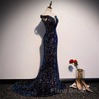 Glitter navy Sequins Off Shoulders Tight Fit Formal Prom Dresses