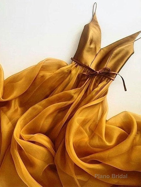 Gold Prom Dress Long Organza Spaghetti Straps Party Evening Dress Main image