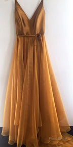 Gold Prom Dress Long Organza Spaghetti Straps Party Evening Dress