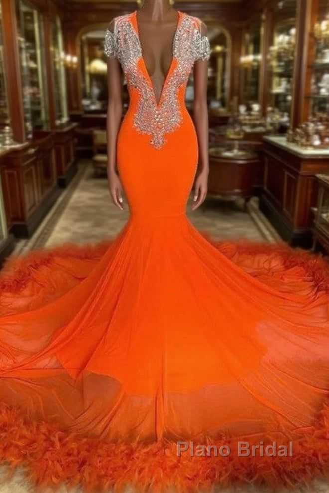 Gorgeous Orange Long Mermaid Tassel V-neck Formal Prom Dress with Sleeves