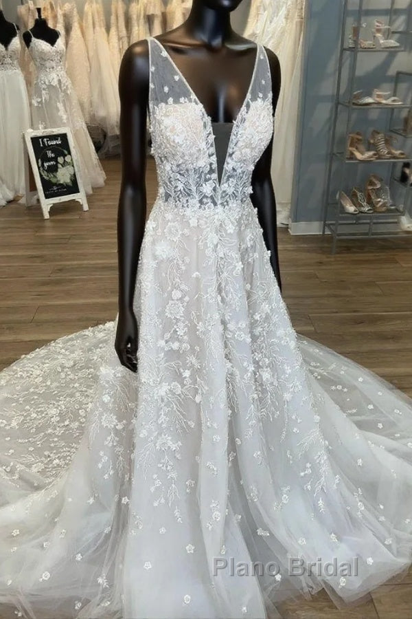 Gorgeous A-Line V-Neck Open Back Chapel Train Wedding Dresses Main image