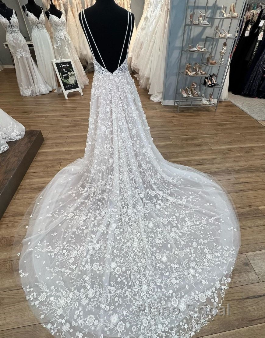 Gorgeous A-Line V-Neck Open Back Chapel Train Wedding Dresses Secondary image