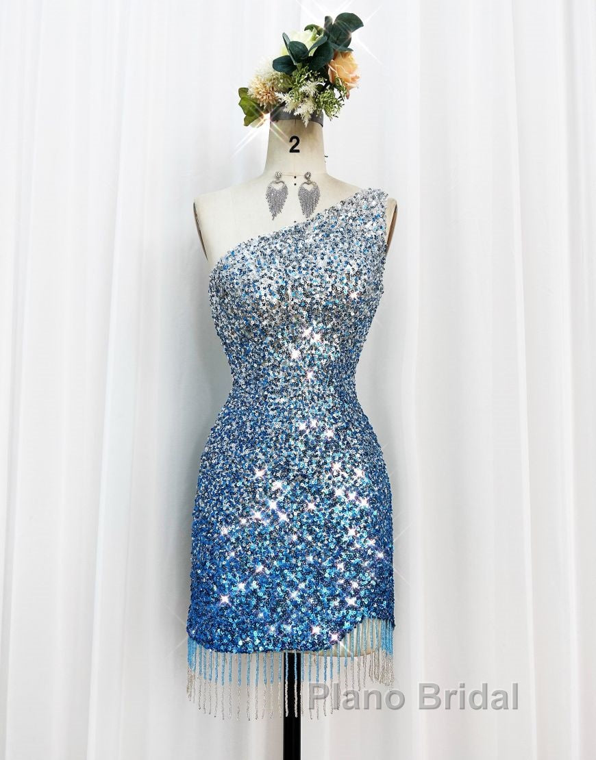 Gorgeous Sparkly Sequin One Shoulder Tight Homecoming Dresses With Fringe