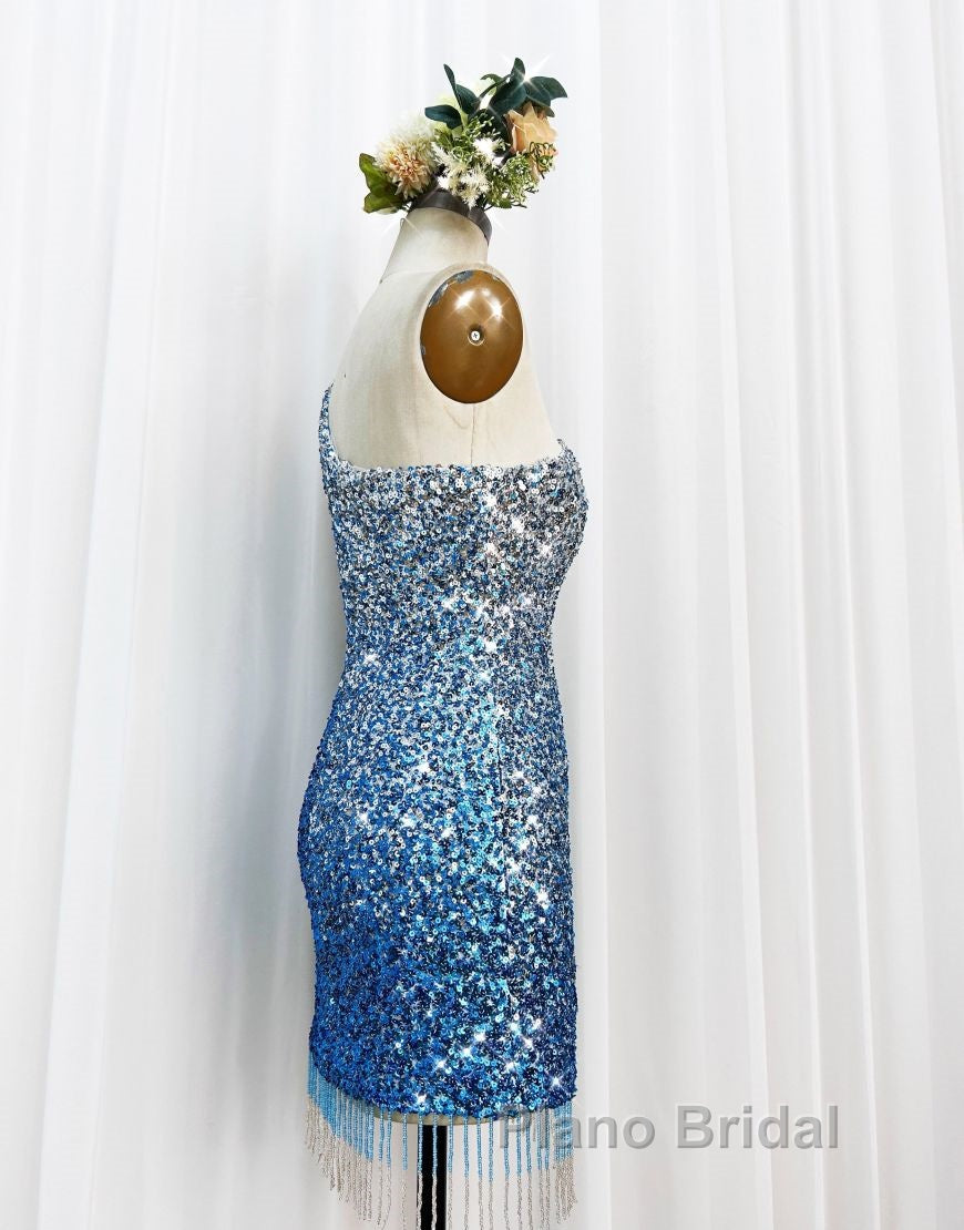 Gorgeous Sparkly Sequin One Shoulder Tight Homecoming Dresses With Fringe