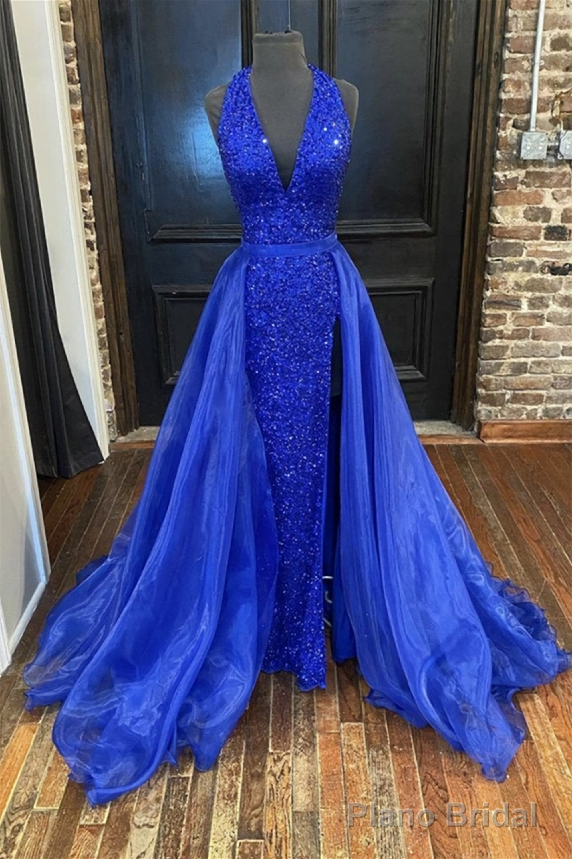 Gorgeous Detachable Train Mermaid Royal Blue Sequins Prom Dress Main image