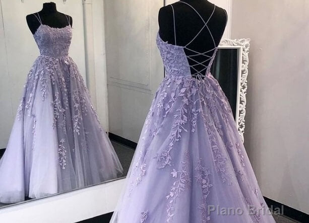 Lilac Lace Applique Back Open with Train Bridal Party Dresses