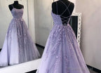 Lilac Lace Applique Back Open with Train Bridal Party Dresses