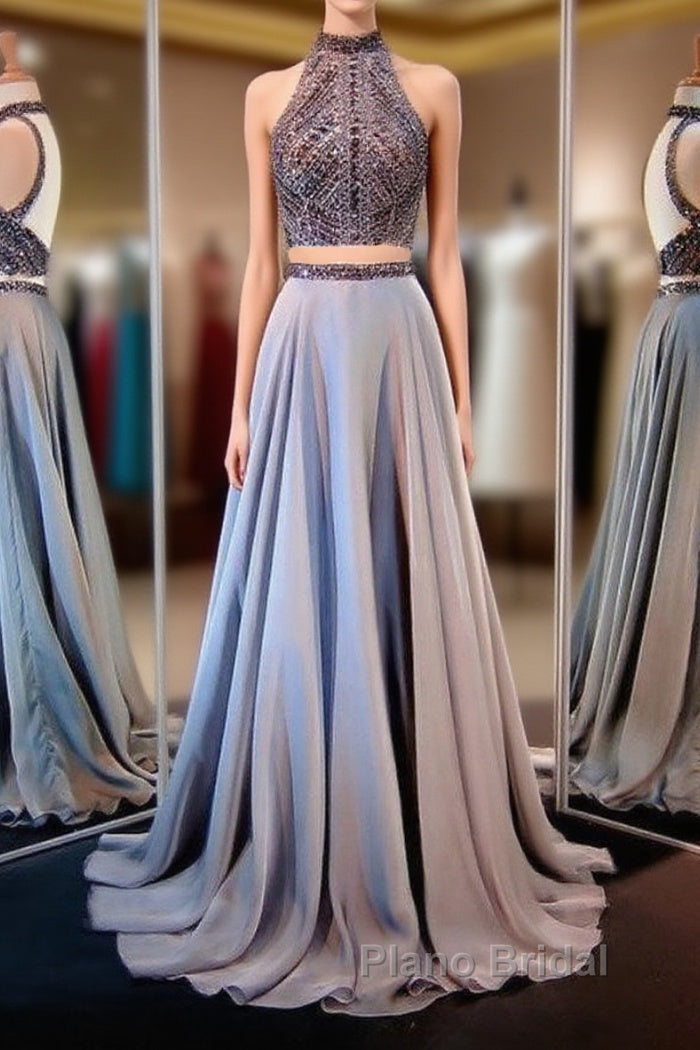Gray Two Piece Long Formal Prom Dresses with Sparkly Beading