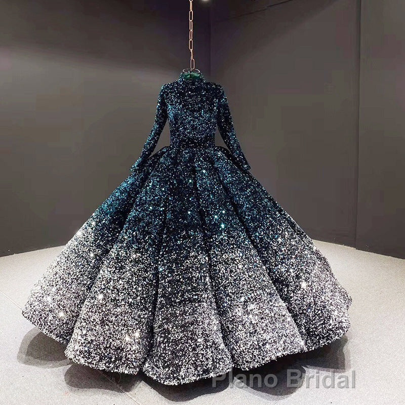 Glitter High Neck Open Back Lace Up Ball Gown Formal Prom Dresses