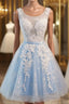 Light Blue Tulle Lace Applique Short Homecoming Dresses with Straps