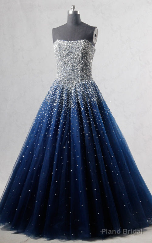 Royal Blue Strapless Sleeveless Beading Sequined Tulle Floor Length Long Prom Dress Main image