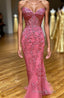 Coral Sweetheart Lace-Up Long Mermaid Formal Prom Dresses with Appliques
