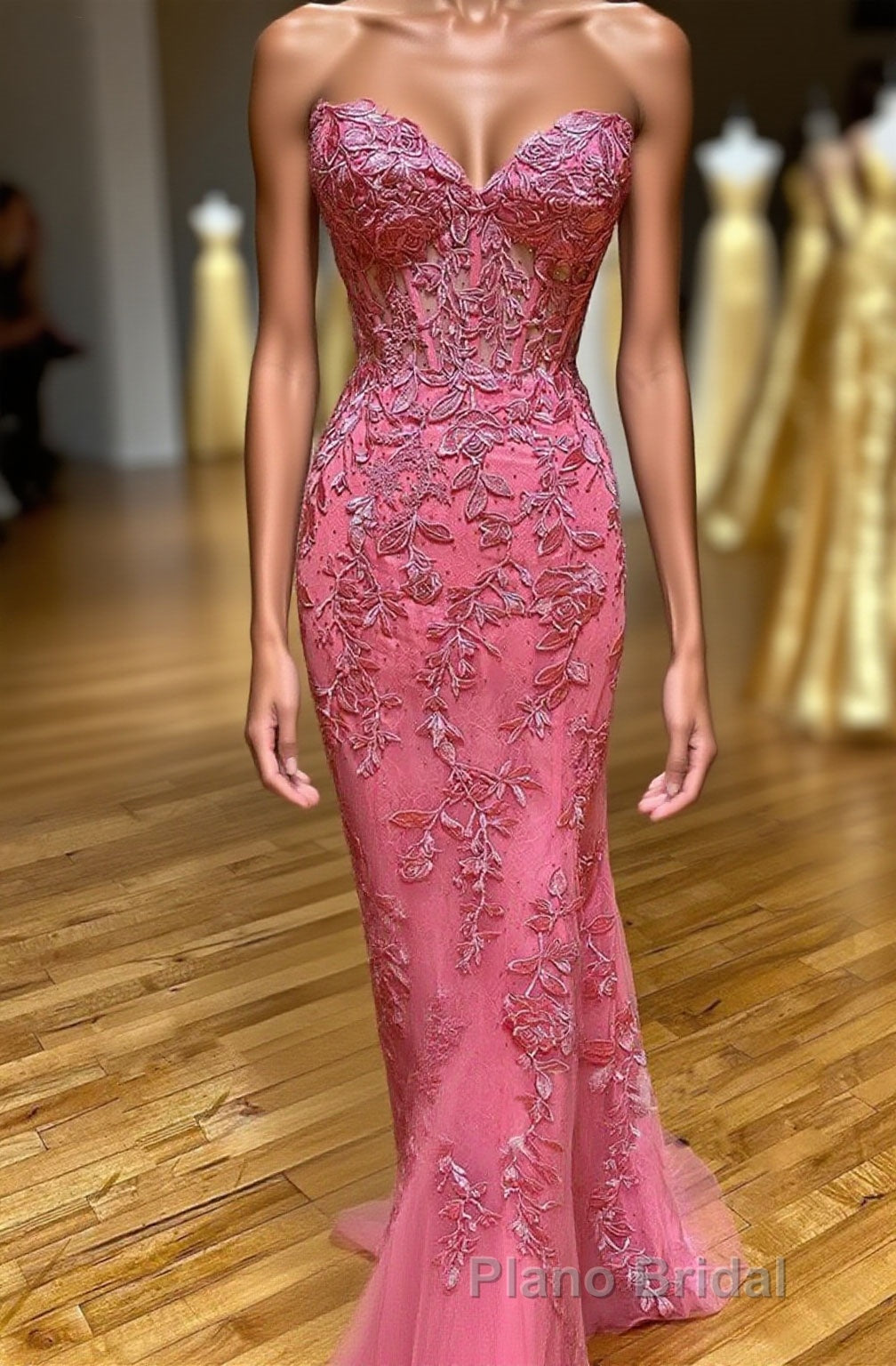 Coral Sweetheart Lace-Up Long Mermaid Formal Prom Dresses with Appliques Main image