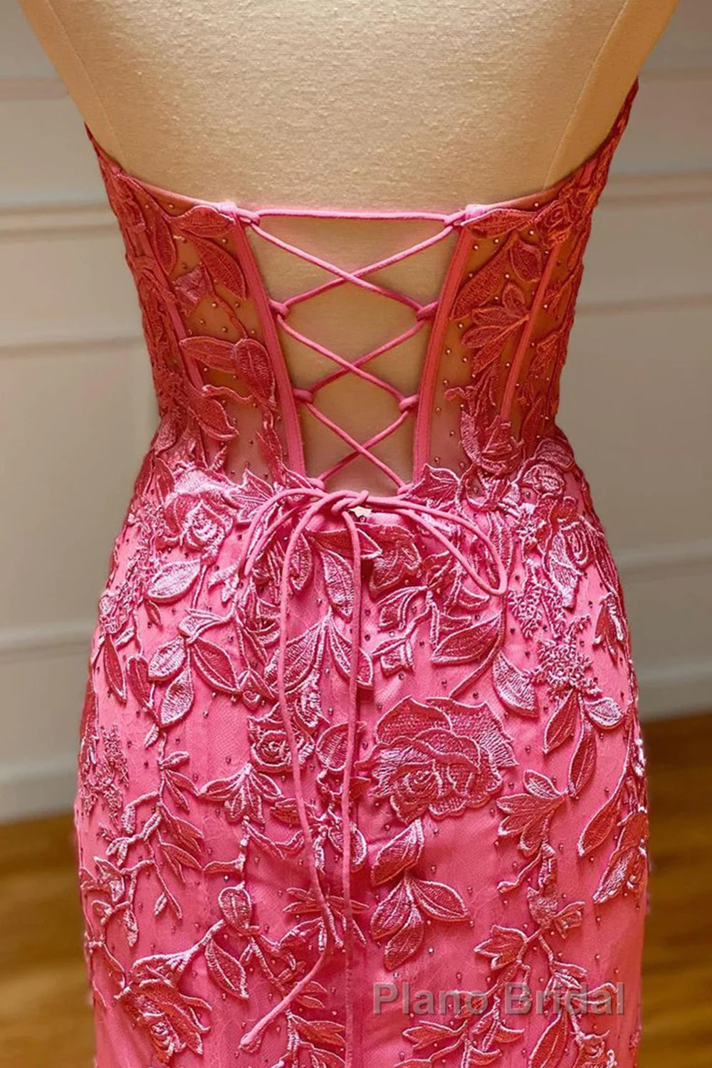 Coral Sweetheart Lace-Up Long Mermaid Formal Prom Dresses with Appliques