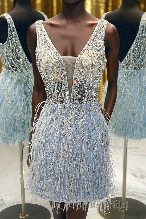 Light Blue Beaded Sequins Tight Homecoming Dresses with Feathers Main image