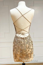 Champagne Spaghetti Straps Tight Short Homecoming Dresses with Appliques