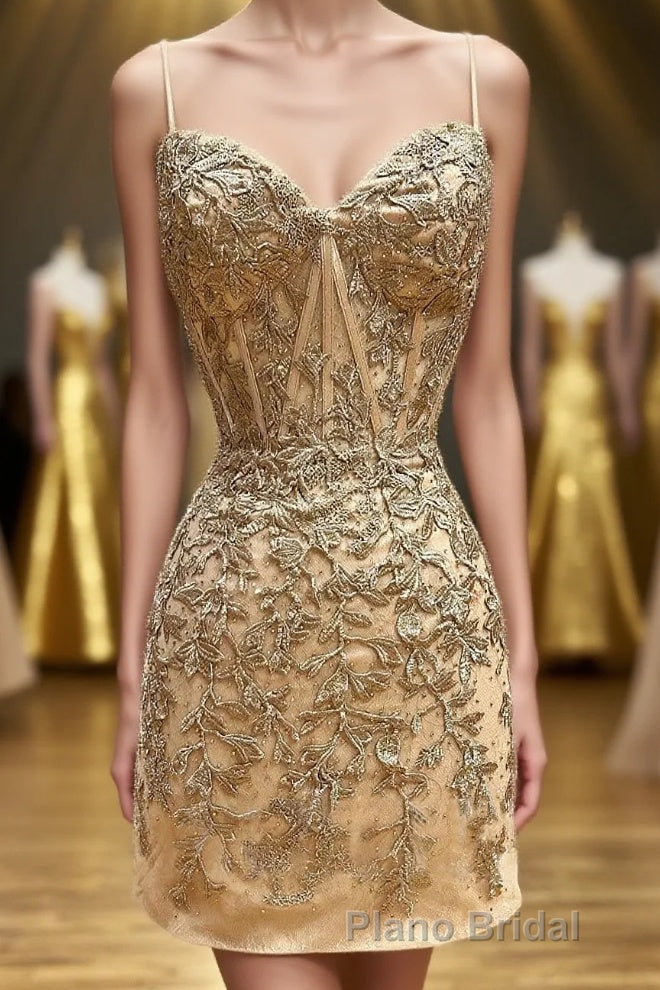 Champagne Spaghetti Straps Tight Short Homecoming Dresses with Appliques Main image