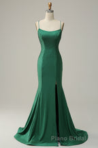 Mermaid Spaghettti Straps Dark Green Sequins Long Formal Prom Dresses with Split Front