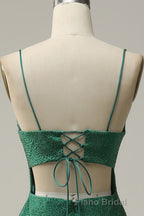 Mermaid Spaghettti Straps Dark Green Sequins Long Formal Prom Dresses with Split Front
