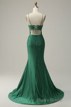 Mermaid Spaghettti Straps Dark Green Sequins Long Formal Prom Dresses with Split Front