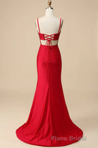 Mermaid Spaghettti Straps Dark Green Sequins Long Formal Prom Dresses with Split Front