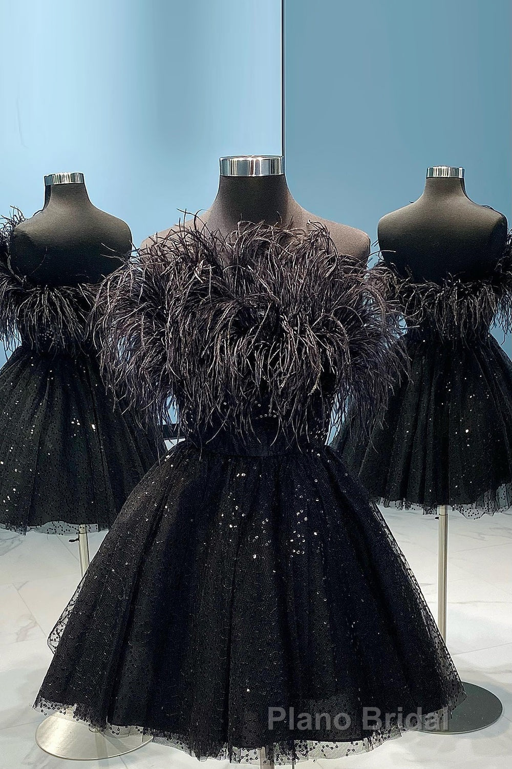 Light Blue A-Line Strapless Homecoming Dresses with Feathers