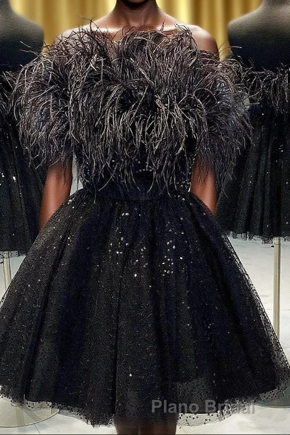 Black A-Line Strapless Homecoming Dresses with Feathers Main image