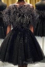 Black A-Line Strapless Homecoming Dresses with Feathers