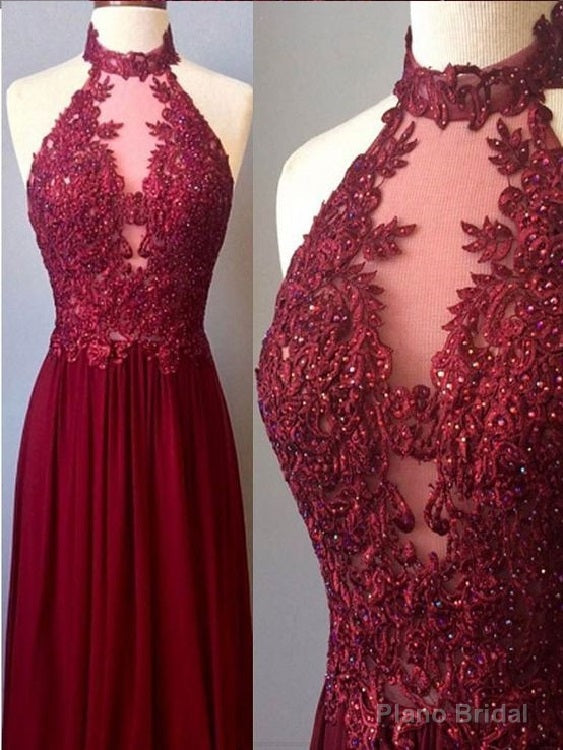 Halter Chiffon Lace A-line Long Maroon Prom Dress Burgundy Evening Dress Main image