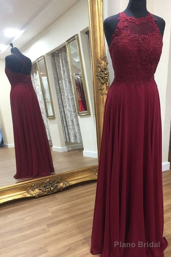 Halter Neck Chiffon Burgundy Lace Top Prom Dress Main image