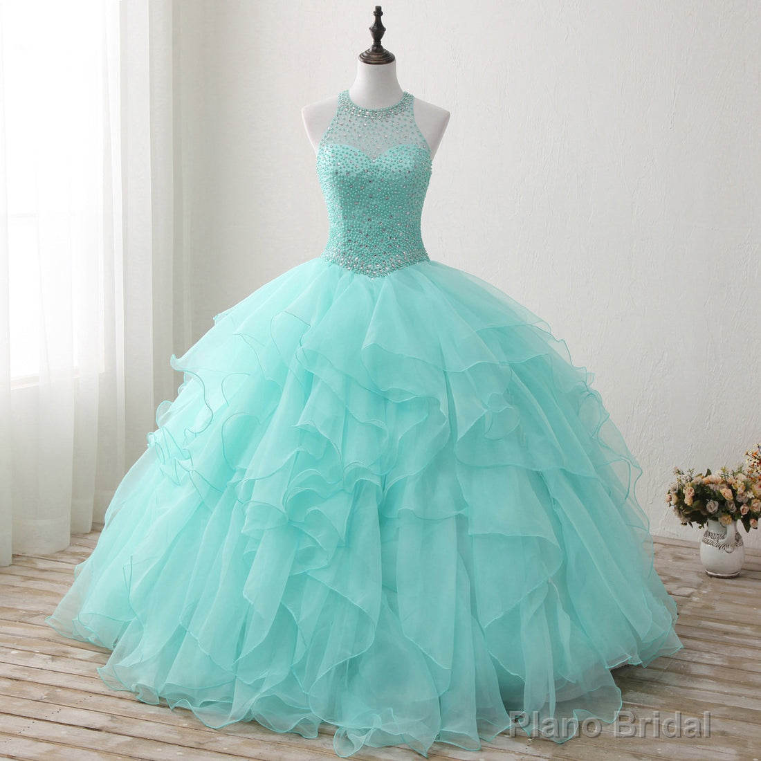 Halter Neck Open Back Mint Quinceanera Dresses Mexican Ball Gown Prom Dress Main image