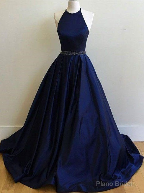 Halter Satin Navy Blue Ball Gown Prom Dress with beading waist Main image
