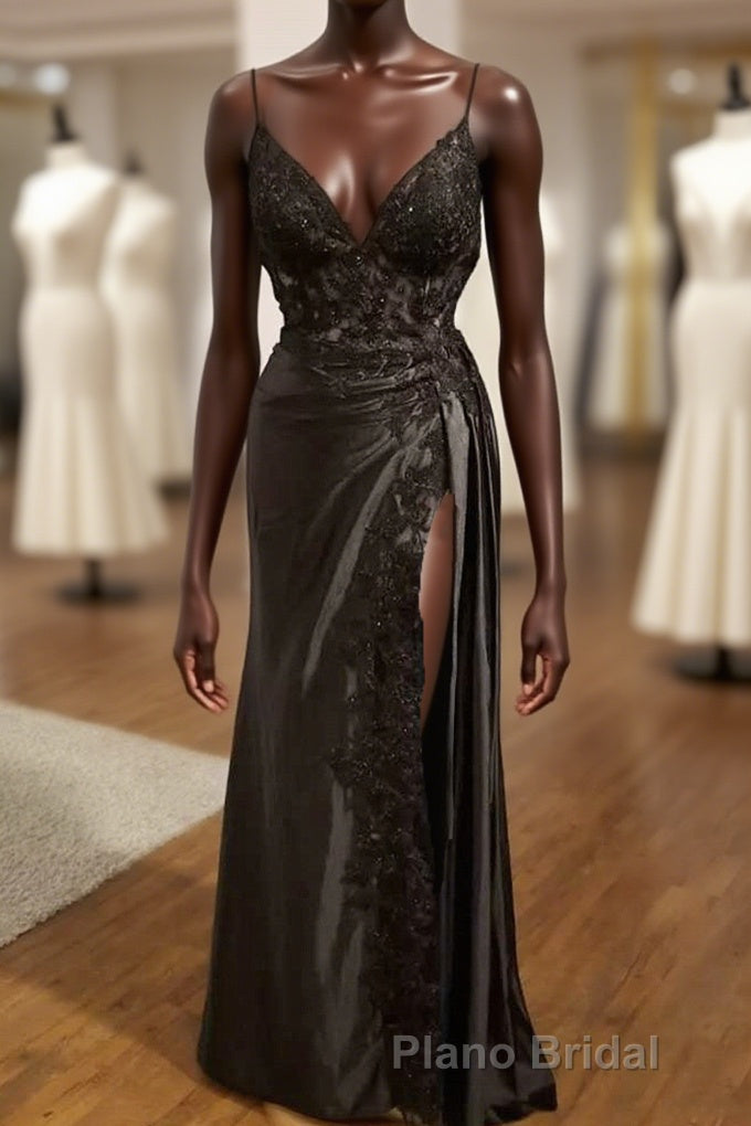Black V-Neckline Straps Tulle With Lace Party Dresses, A-Line Black Evening Dresses Formal Prom Dresses Main image