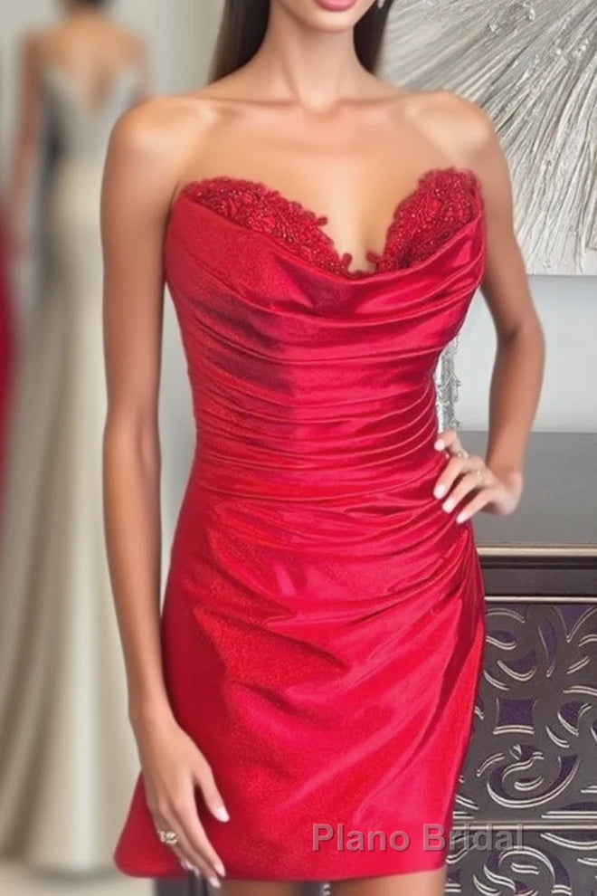 Hunter Green Strapless Beaded Pleated Sheath Homecoming Dresses Main image