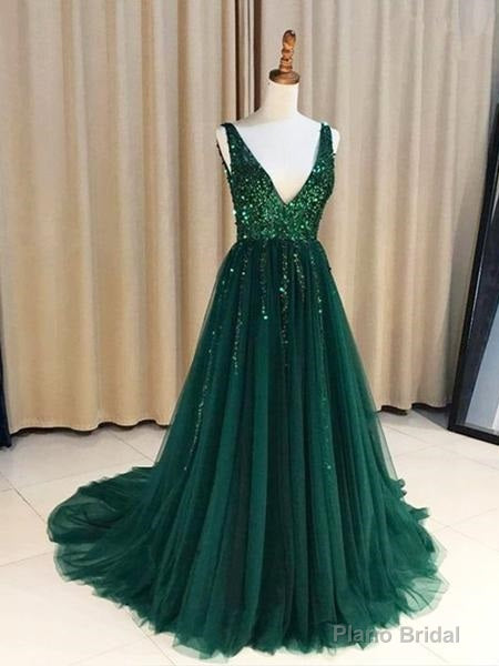 Hunter Green V-neck Long Formal Tulle Low Back Prom Dress Main image