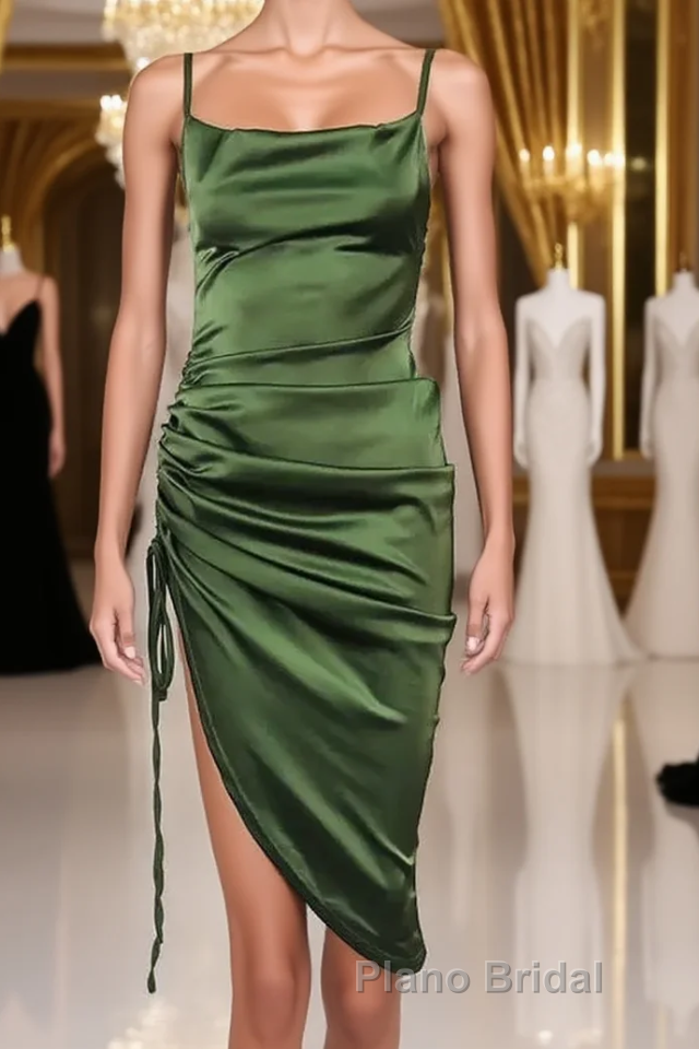 New Satin Green Formal Prom Dress Spaghetti Strap Party Evening Dress Main image
