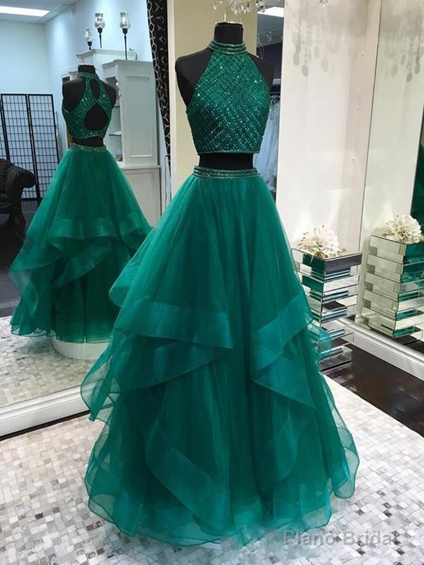 Two Piece Long Hunter Green Prom Dress with Delicate Beading Top Main image