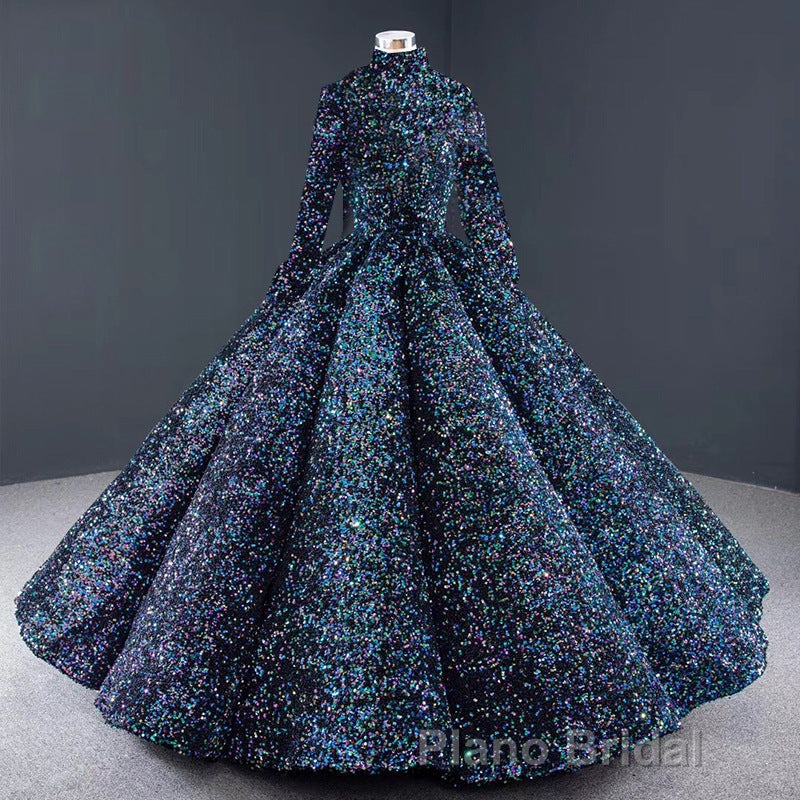 Glitter High Neck Open Back Lace Up Ball Gown Formal Prom Dresses