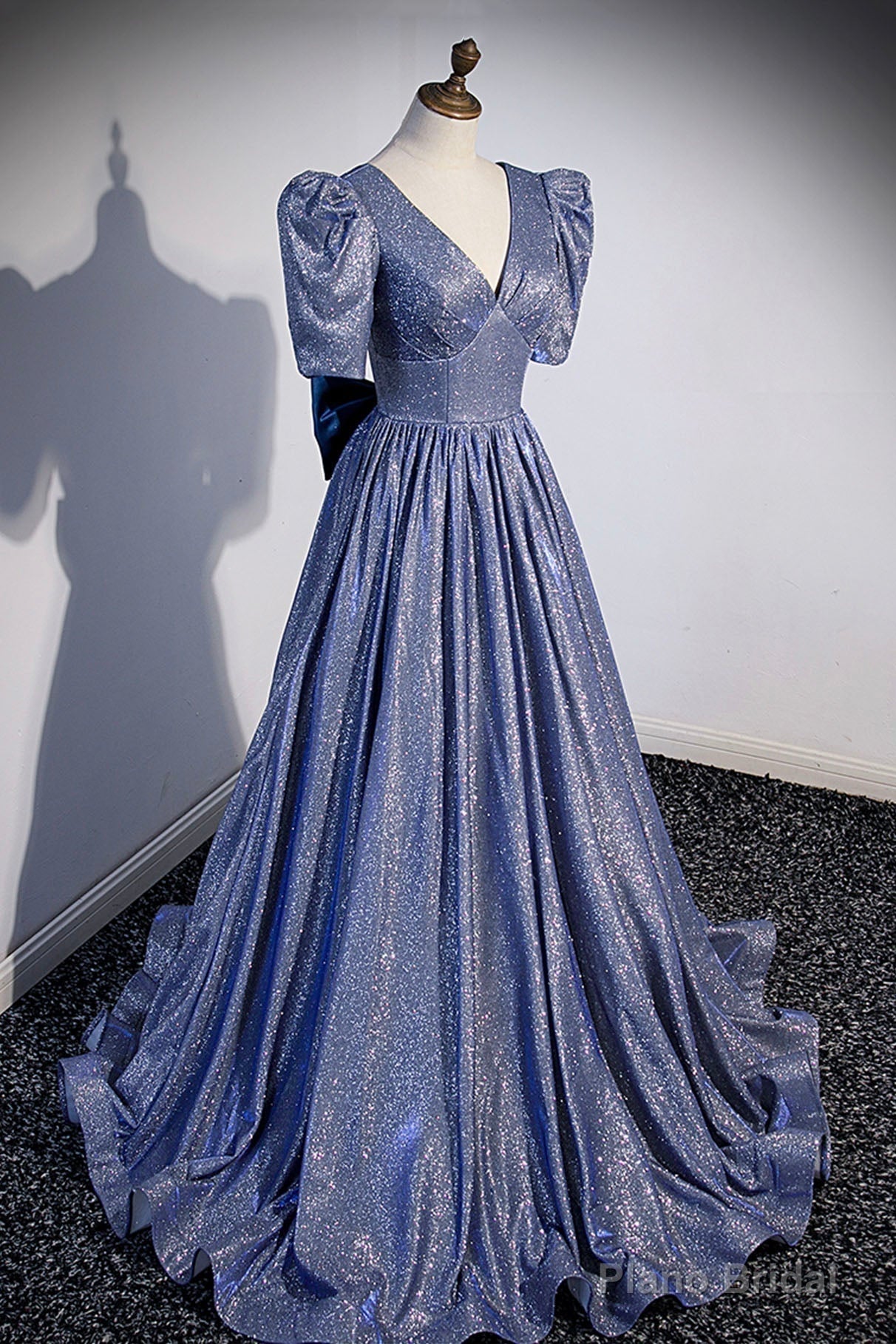 Blue Long A-Line Prom Dress, Simple V-Neck Short Sleeve Evening Dress Secondary image