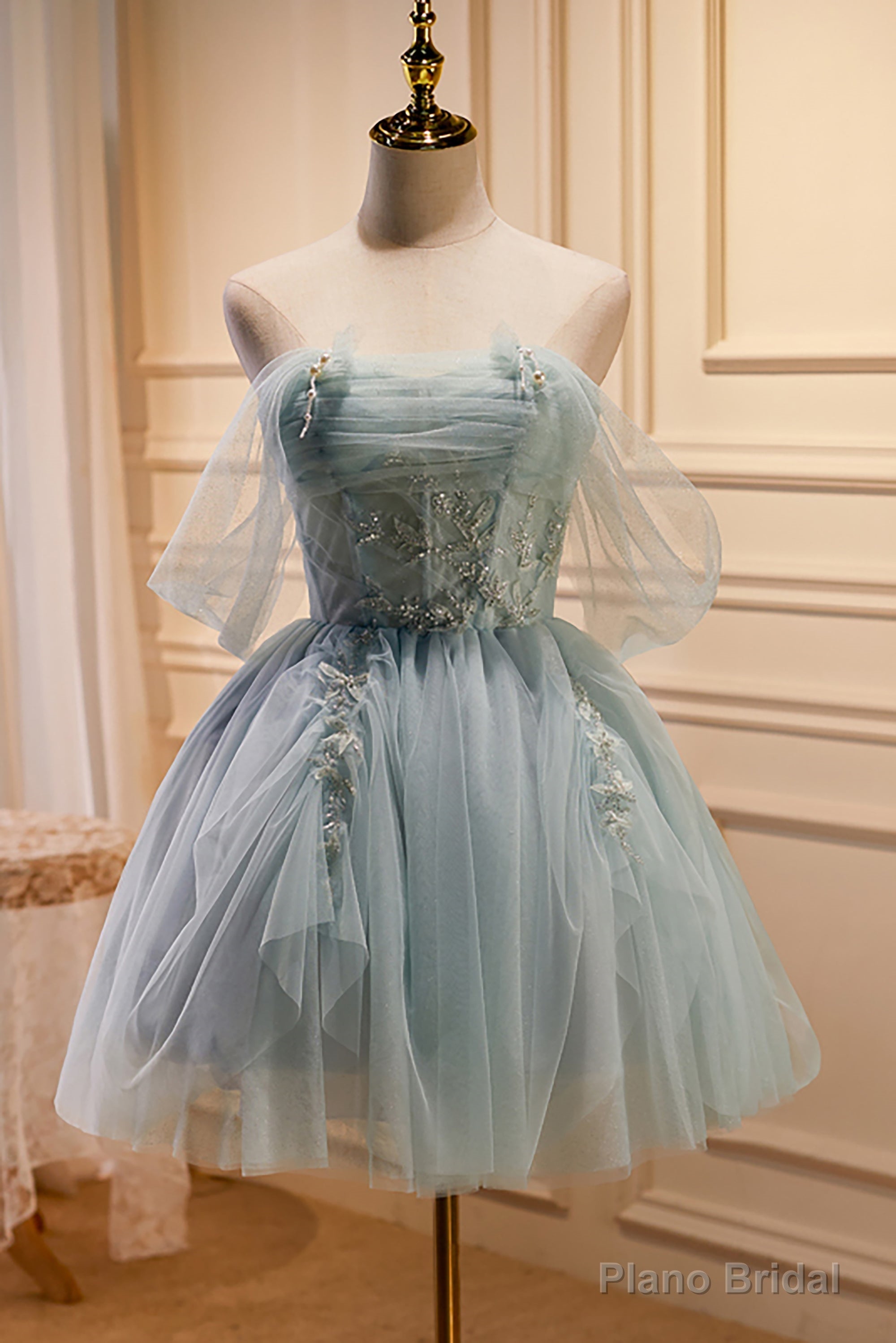 Charming Blue Off The Shoulder A Line Tulle Short Homecoming Dresses Main image